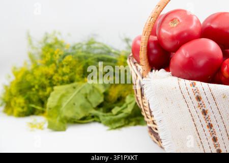 Fresh Garden Vegetables in a Wicker Basket with Tomatoes Cucumbers Dill and Green Onions Stock Photo