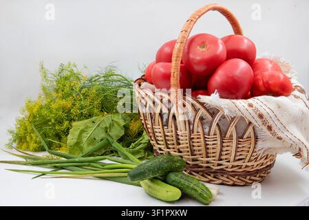 Fresh Garden Vegetables in a Wicker Basket with Tomatoes Cucumbers Dill and Green Onions Stock Photo