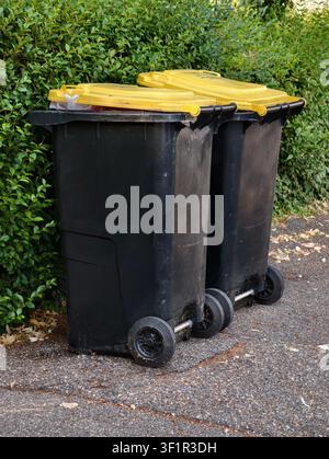 Pforzheim, Germany July 14, 2026 Two outdoor garbage bins with yellow lids standing on a paved surface beside a dense green hedge showing a simple was Stock Photo