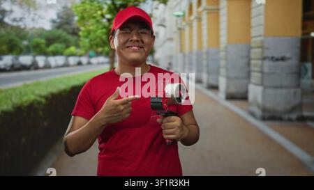Man finger pointing to tape dispenser on street, holding tape gun and wearing red cap and red t shirt near building facade; friendly service. Stock Photo