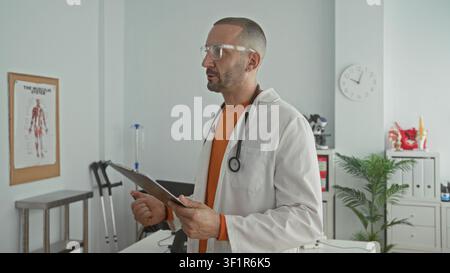 Man doctor with stethoscope and clipboard reads and writes notes in clinic building beside crutches, anatomy poster and wall clock; focused care. Stock Photo