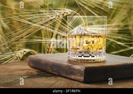 Whiskey glass on wooden board placed on dry wheat field. Light shines through glass showing golden liquid inside. Scene captures natural setting at su Stock Photo
