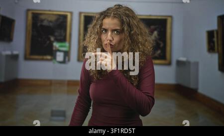 Woman with curly hair pressing finger to lips shushing in gallery building, burgundy top and framed paintings visible; quiet reflection. Stock Photo