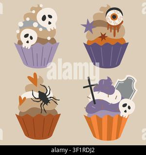 Hand-drawn Halloween spooky cupcakes set with spider, eyeball, gravestone, skull and grave cross decoration for seasonal party Stock Vector