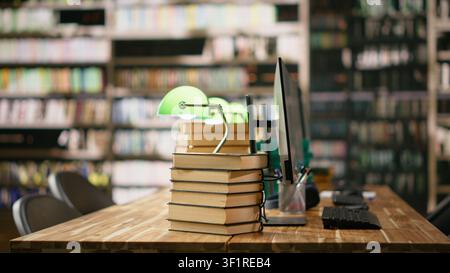 Dashboard presentation with blue screen and chatbot on computer monitors at wooden library desk with stack of books, headphones, keyboards and green lamps. Empty workspace. Stock Photo