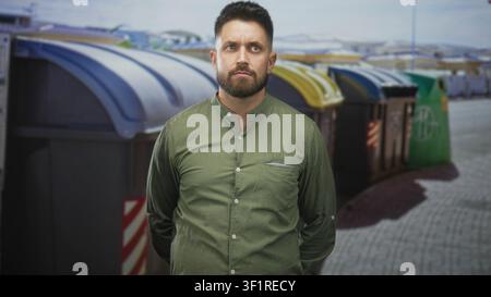 Man with beard and hands behind back standing by colored recycling bins on a street while looking sideways and pensive; urban contemplation. Stock Photo