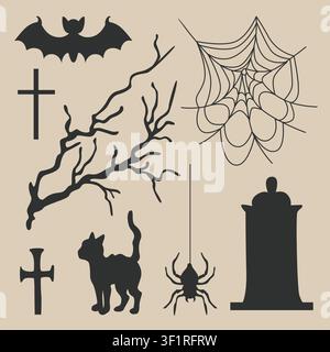 Hand-drawn Halloween black spooky silhouette clipart set with bat, spider web, dead tree branch, tombstone, cat for seasonal decor Stock Vector