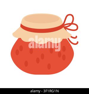 Jam glass jar with cloth cover vector illustration. Cute red berry or strawberry jam pot tied with string isolated on white background. Autumn cozy home canning element for Thanksgiving Stock Vector