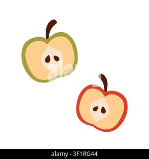 Apple halves vector illustration. Cut red and green apple slices with seeds isolated on white background. Fresh organic autumn fruit element for Thanksgiving Day, cooking decor Stock Vector