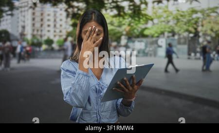Thai woman holding clipboard rubs her temple and reads notes in a busy street plaza at midday; stress focus. Stock Photo