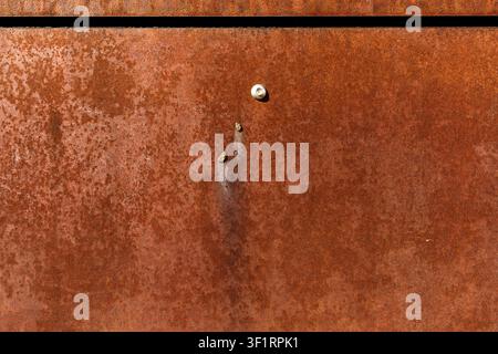 Rusted Corten steel plates texture background, close up of industrial metal cladding facade with joints and screws, geometric orange rust wall panel p Stock Photo