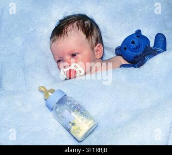 A three week old baby girl lying in a blue blanket with her teddy bear and bottle of formula, with a pacificer in her mouth. Stock Photo