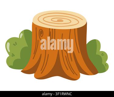 Cut tree stump with visible growth rings and green bushes. Cartoon vector illustration on white background  Stock Vector