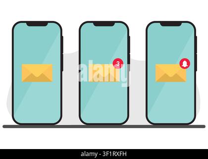 Flat vector illustration of smartphones displaying email notifications and message alerts, ideal for communication, mobile apps, inbox, and digital ma Stock Vector