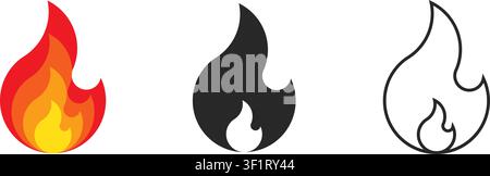 Minimalist fire flame icons featuring three distinct styles including vibrant red orange gradient solid black silhouette and simple black outline. Stock Vector