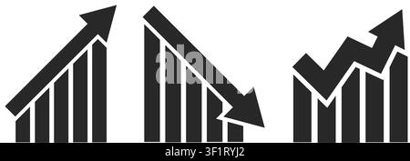 A set of three icons representing upward growth, downward decline, and market volatility through bar graphs and arrows. Stock Vector