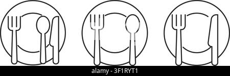 A series of minimal line art icons showing proper placement of fork spoon and knife for dining etiquette and restaurant service. Stock Vector