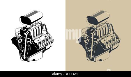 Classic V8 car engine with supercharger stylized isometric vector illustrations Stock Vector