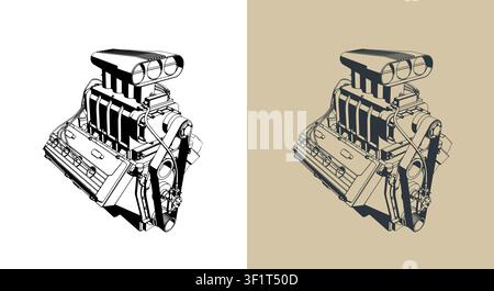 Classic V8 car engine with supercharger stylized vector illustrations Stock Vector