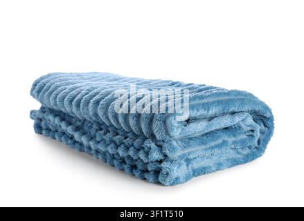 Folded soft blue plush blanket with textured surface, cozy home textile for comfort and warmth, isolated on a white background Stock Photo