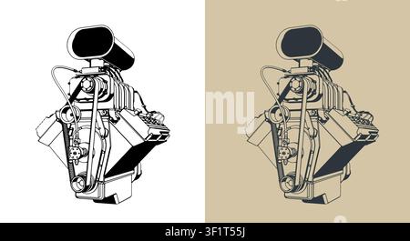 Classic V8 car engine with supercharger stylized vector illustrations Stock Vector