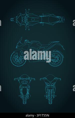 Stylized vector illustration of blueprints of sports motorcycle Stock Vector