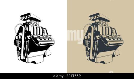 Classic V8 car engine with supercharger stylized vector illustrations Stock Vector