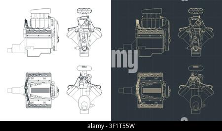Classic V8 car engine with blower blueprints, stylized vector illustrations Stock Vector