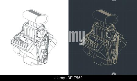Classic V8 car engine with blower isometric blueprint, stylized vector illustrations Stock Vector
