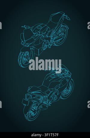 Stylized vector illustration of isometric blueprints of sports motorcycle Stock Vector
