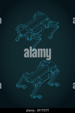 Stylized vector illustration of isometric blueprints of quadruped robot Stock Vector