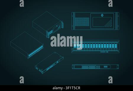 Rackmount server chassis blueprint, stylized vector illustration Stock Vector