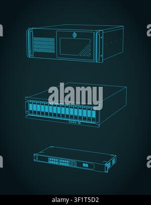 Rackmount server chassis technical drawings, stylized vector illustration Stock Vector