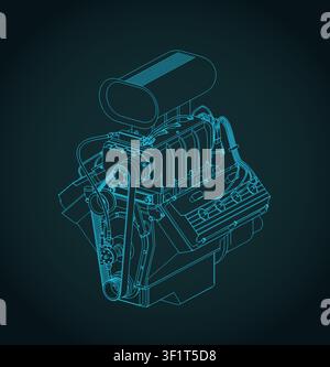 Classic V8 car engine with blower isometric blueprint, stylized vector illustration Stock Vector