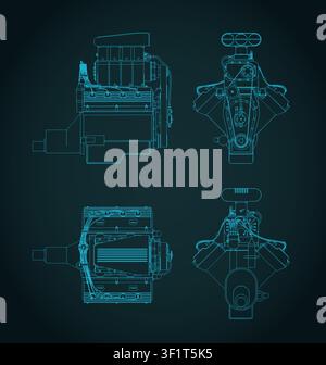 Classic V8 car engine with blower blueprints, stylized vector illustration Stock Vector