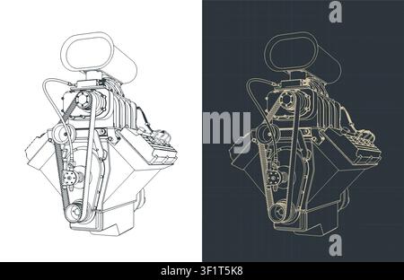 Classic V8 car engine with blower isometric blueprint, stylized vector illustrations Stock Vector
