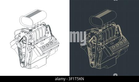 Classic V8 car engine with blower isometric blueprint, stylized vector illustrations Stock Vector