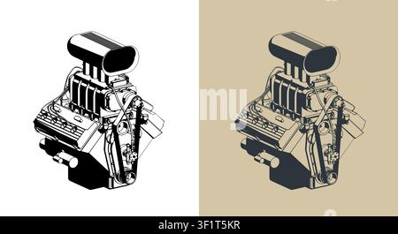 Classic V8 car engine with supercharger stylized isometric vector illustrations Stock Vector