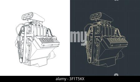 Classic V8 car engine with blower technical drawing, stylized vector illustrations Stock Vector