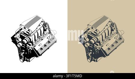 Classic V8 car engine with supercharger stylized isometric vector illustrations Stock Vector