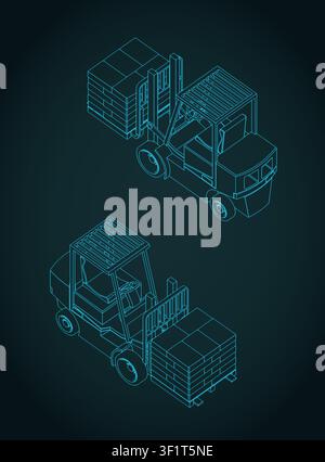Forklift with cargo isometric technical drawings, stylized vector illustration Stock Vector