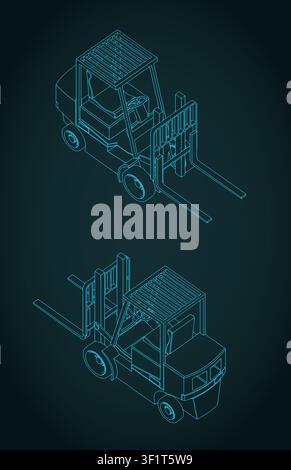 Forklift isometric technical drawings, stylized vector illustration Stock Vector