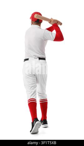 Male baseball player in uniform holding a bat, ready to swing, isolated on a clean white background Stock Photo