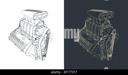Classic V8 car engine with blower technical drawing, stylized vector illustrations Stock Vector