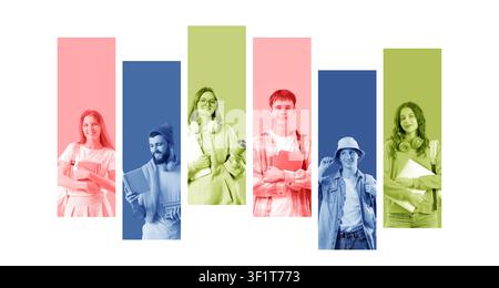 Diverse group of smiling young students with books and laptops, education and learning concept, isolated on white background Stock Photo
