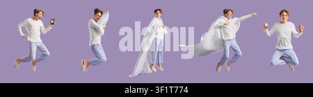Young man in pajamas jumping with an alarm clock pillow blanket and coffee morning routine and sleep concepts, the images convey themes of waking up c Stock Photo