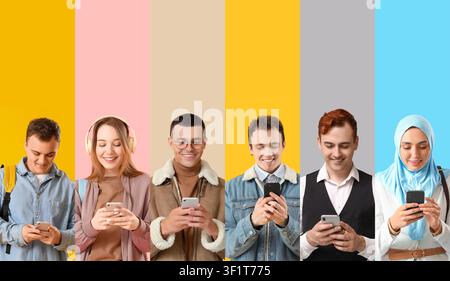 Diverse young people using smartphones on a colorful background, social media and digital communication Stock Photo