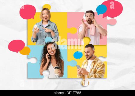 Diverse group of young people communicating with smartphones and speech bubbles on a puzzle background, They are arranged within a colorful puzzle des Stock Photo
