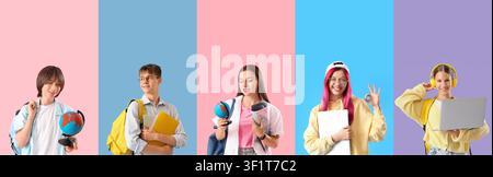 Diverse group of five happy students with backpacks books and laptops on colorful backgrounds education and learning, college Stock Photo
