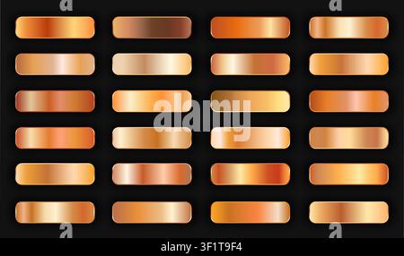 Realistic bronze golden gradient texture pack 24 in 1. Fill and stroke effects. Shiny gold copper metal foil gradient set. Metallic shiny buttons with Stock Vector